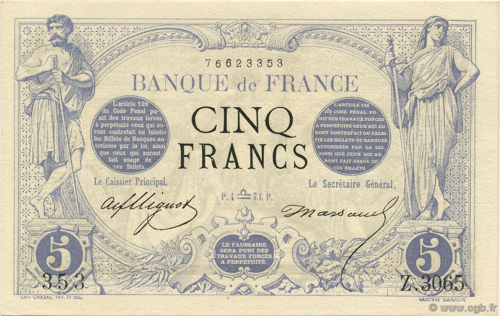 5 Francs NOIR FRANCE  1873 F.01.22 UNC-