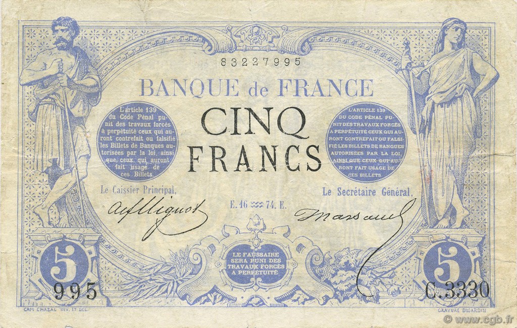 5 Francs NOIR FRANCE  1874 F.01.25 F