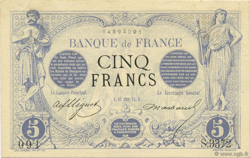5 Francs NOIR FRANCE  1874 F.01.25 UNC-