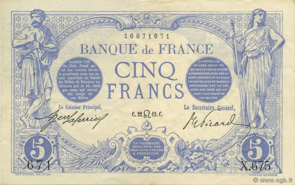 5 Francs BLEU FRANKREICH  1912 F.02.07 fVZ