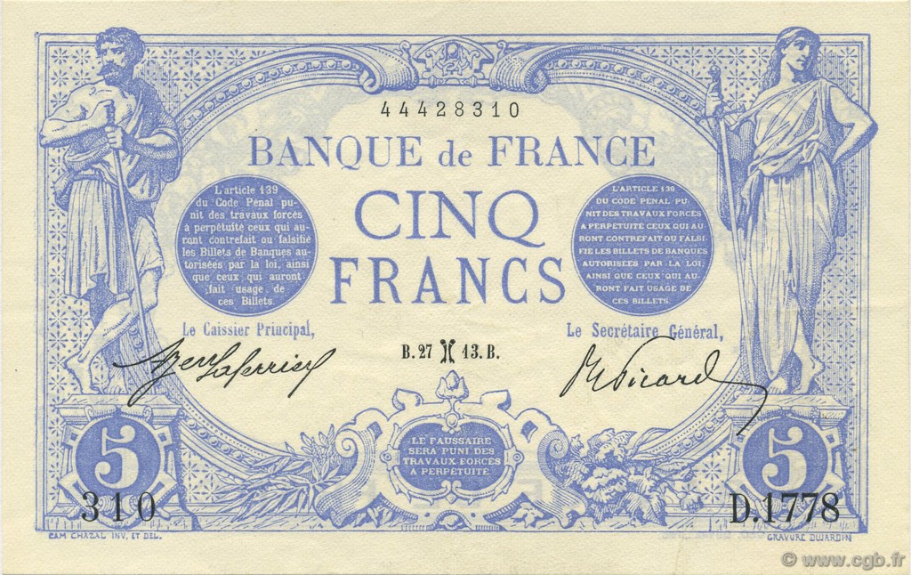 5 Francs BLEU FRANKREICH  1913 F.02.14 fST