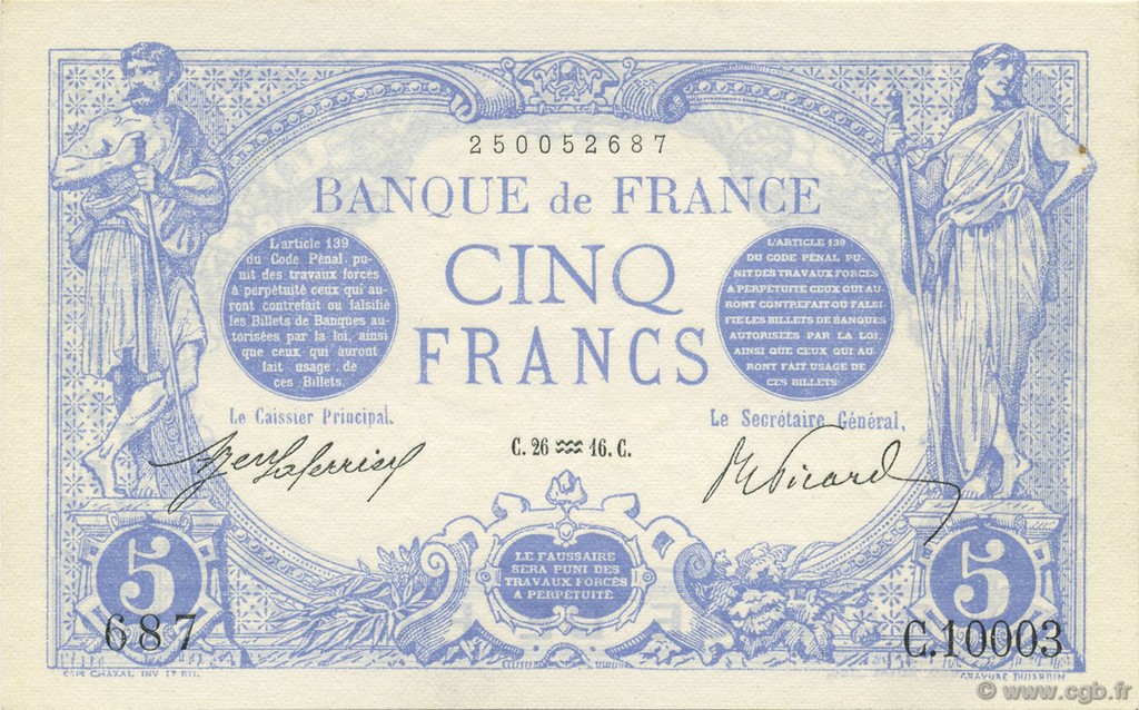 5 Francs BLEU FRANKREICH  1916 F.02.35 ST
