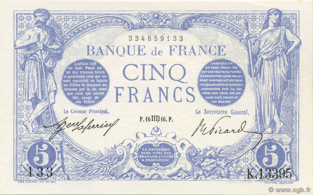 5 Francs BLEU FRANCIA  1916 F.02.42 FDC