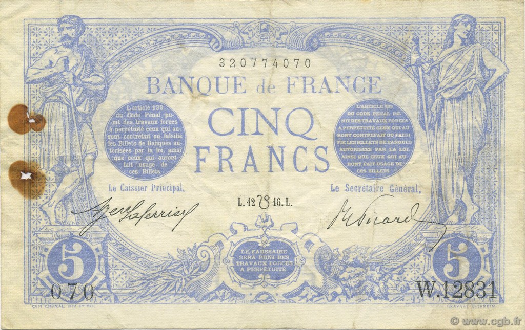 5 Francs BLEU lion inversé FRANCIA  1916 F.02bis.04 BC+