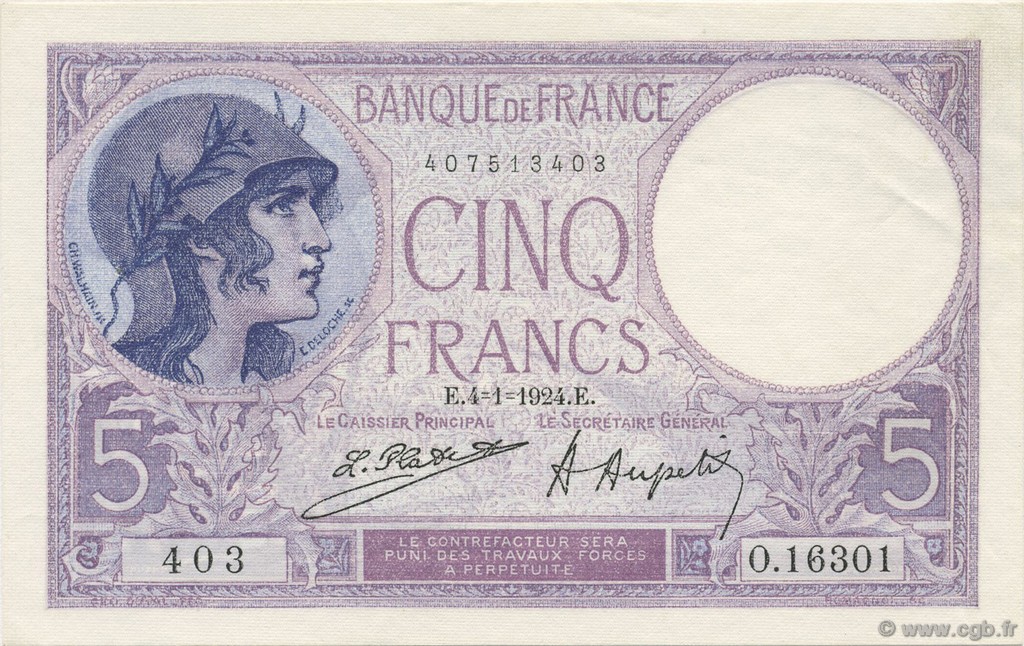 5 Francs FEMME CASQUÉE FRANCE  1924 F.03.08 SPL