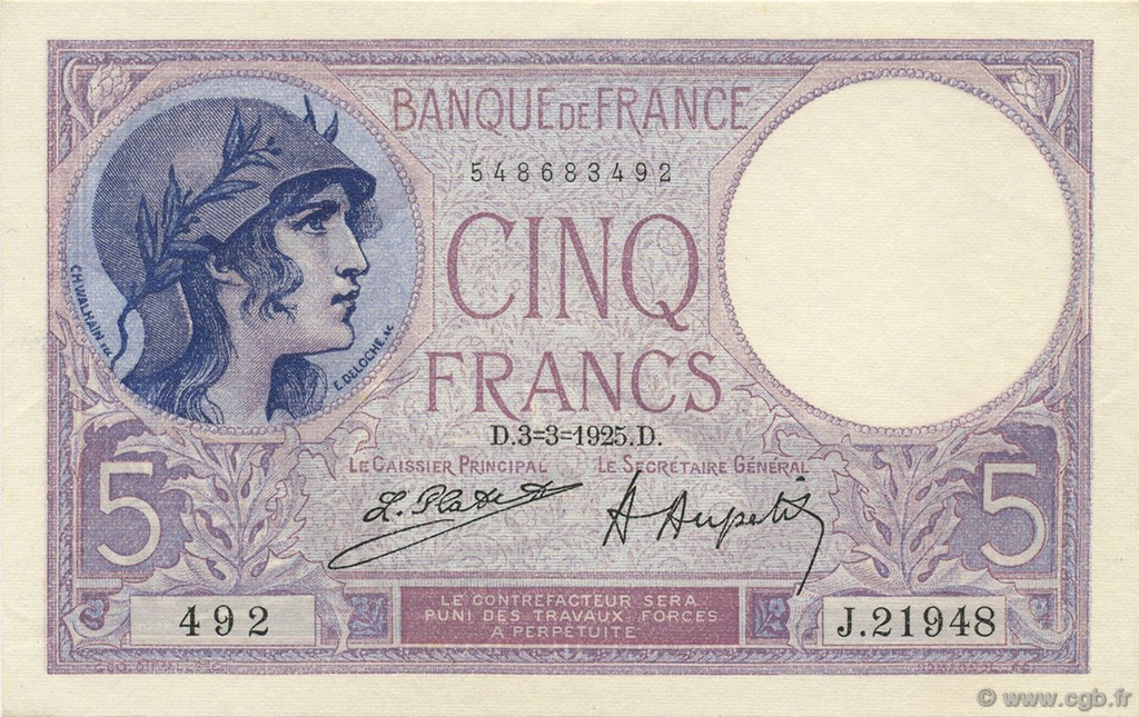 5 Francs FEMME CASQUÉE FRANCE  1925 F.03.09 UNC-