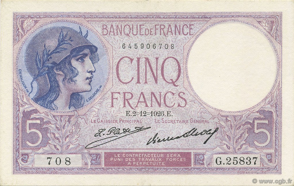 5 Francs FEMME CASQUÉE FRANCIA  1926 F.03.10 SC+