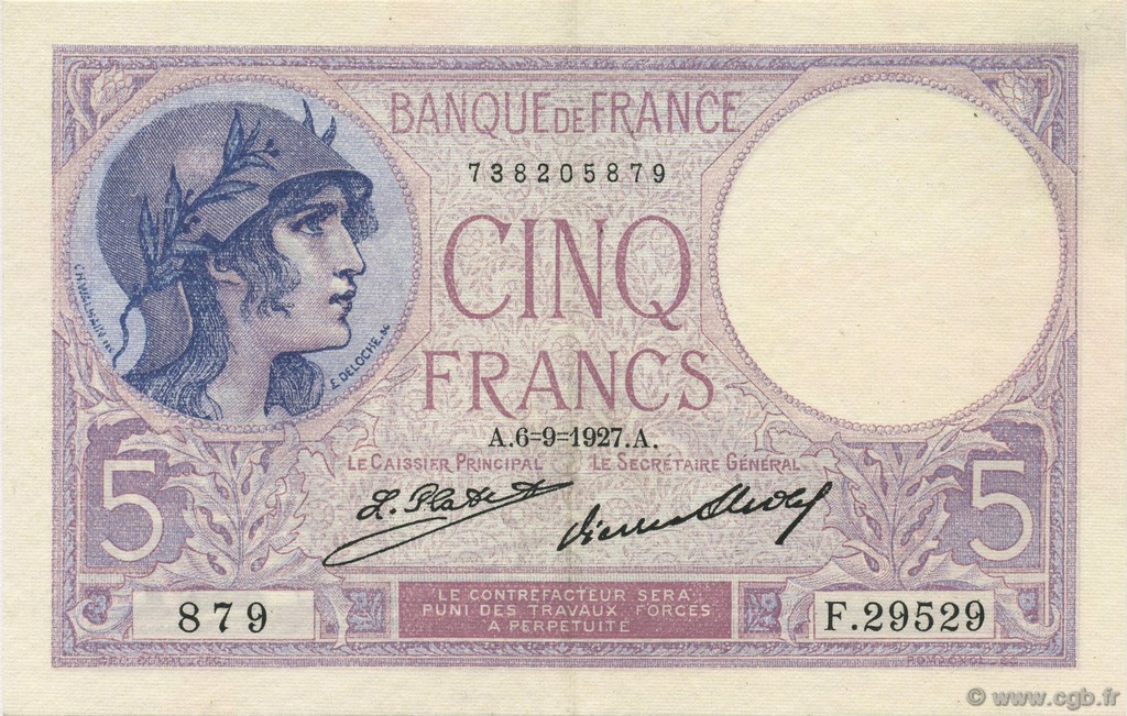 5 Francs FEMME CASQUÉE FRANCIA  1927 F.03.11 EBC