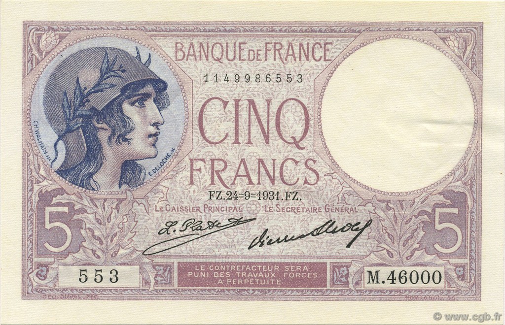 5 Francs FEMME CASQUÉE FRANCE  1931 F.03.15 UNC-