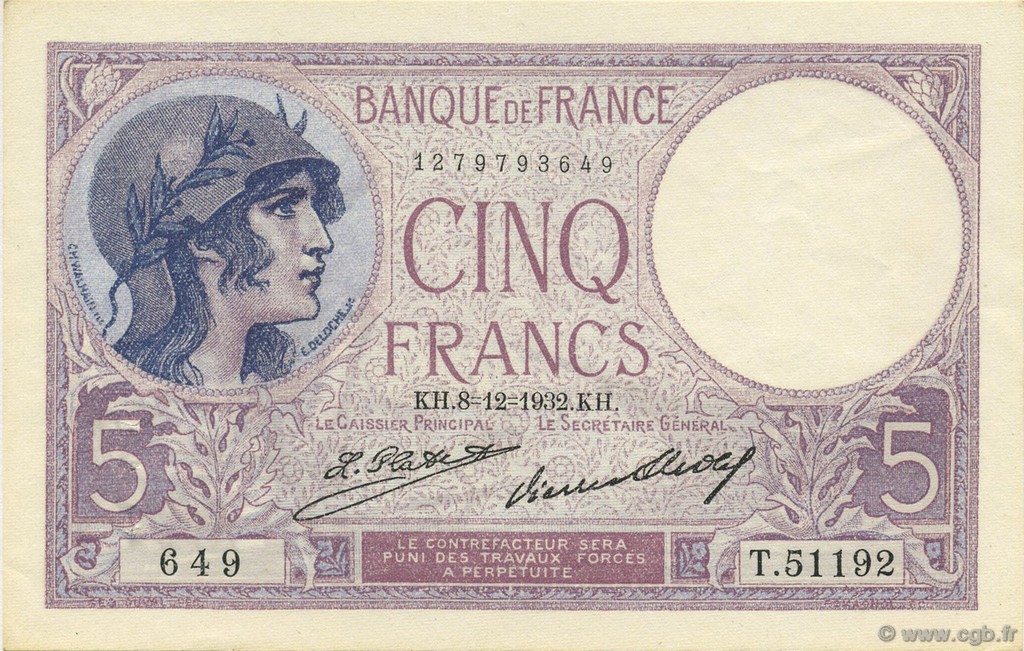 5 Francs FEMME CASQUÉE FRANKREICH  1932 F.03.16 fST