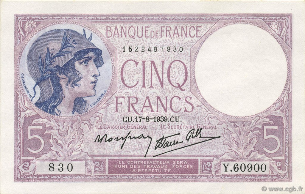 5 Francs FEMME CASQUÉE modifié FRANCE  1939 F.04.06 UNC