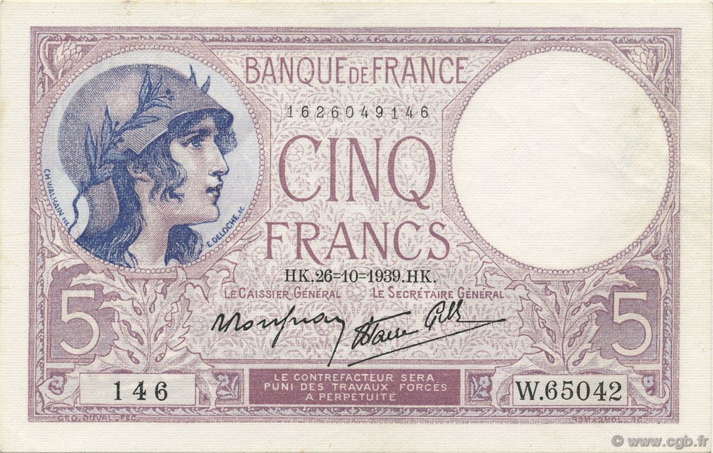 5 Francs FEMME CASQUÉE modifié FRANCE  1939 F.04.13 UNC-