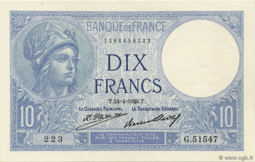 10 Francs MINERVE FRANCIA  1928 F.06.13 SC+