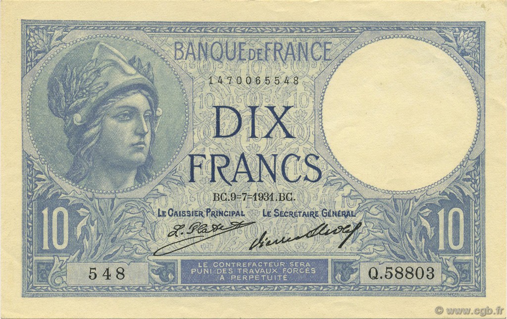 10 Francs MINERVE FRANCIA  1931 F.06.15 AU