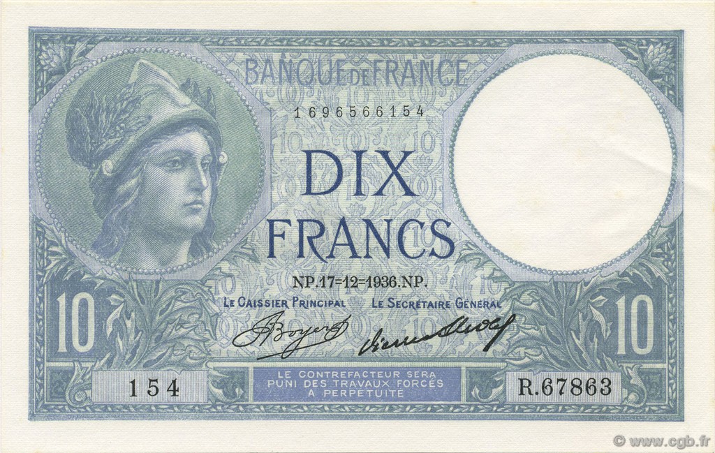 10 Francs MINERVE FRANCIA  1936 F.06.17 FDC
