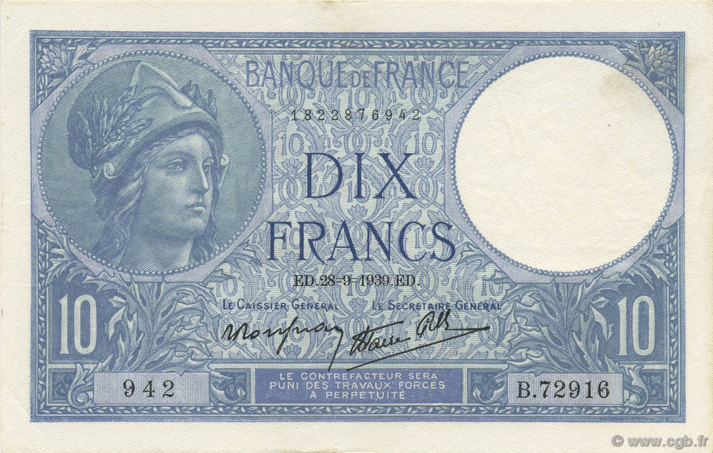 10 Francs MINERVE modifié FRANCIA  1939 F.07.09 EBC