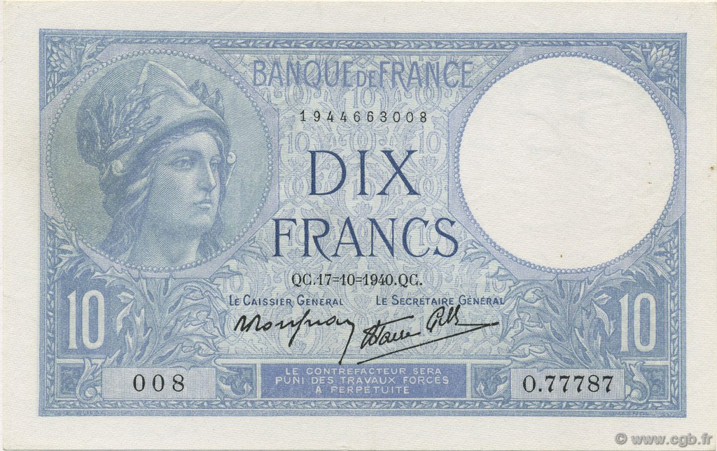 10 Francs MINERVE modifié FRANCE  1940 F.07.17 AU+