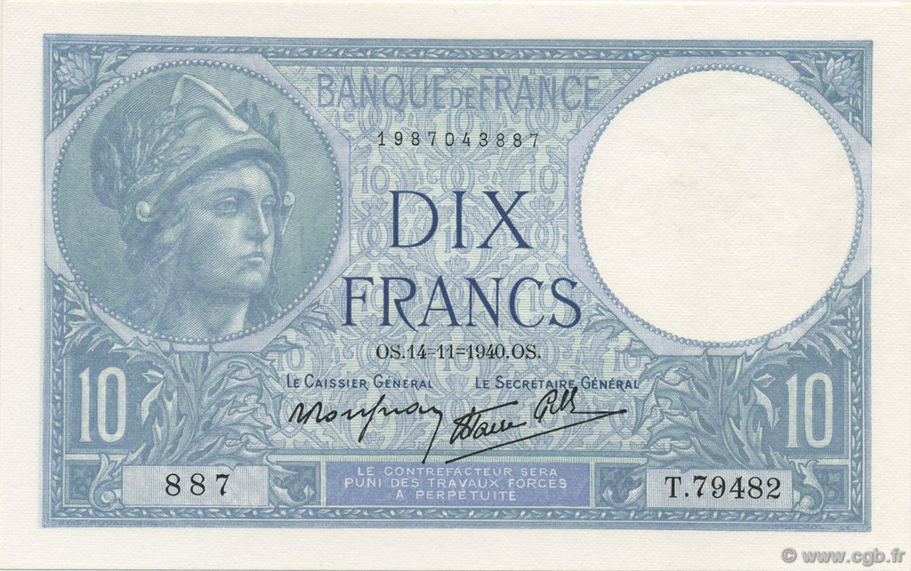 10 Francs MINERVE modifié FRANCE  1940 F.07.20 AU+