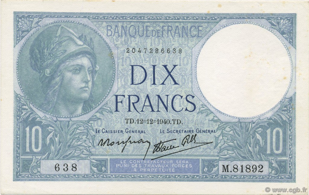 10 Francs MINERVE modifié FRANCIA  1940 F.07.24 q.FDC