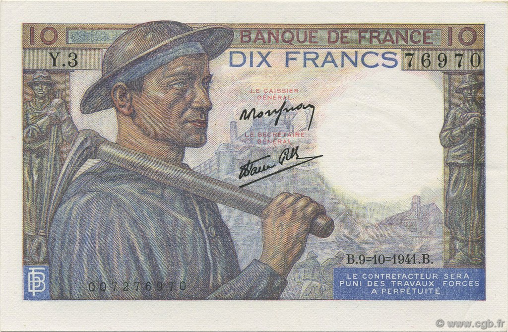 10 Francs MINEUR FRANCE  1941 F.08.02 UNC-