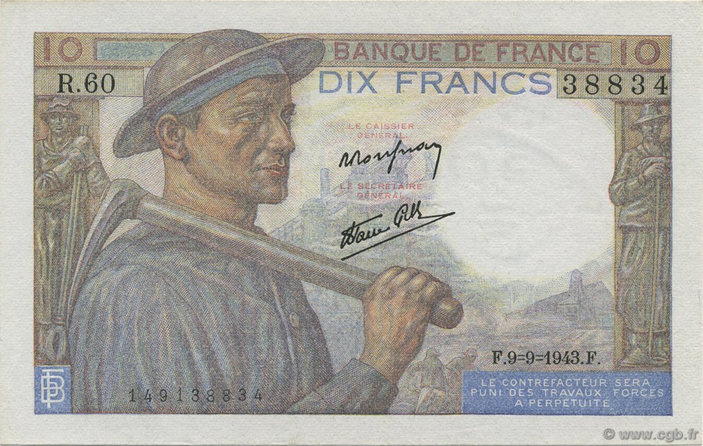 10 Francs MINEUR FRANCIA  1943 F.08.09 EBC+