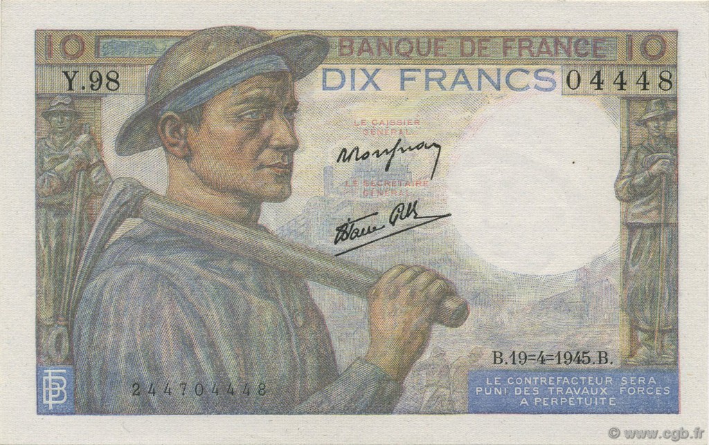 10 Francs MINEUR FRANKREICH  1945 F.08.13 VZ+