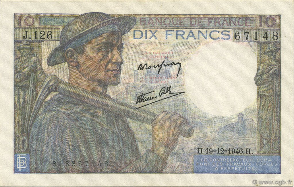 10 Francs MINEUR FRANKREICH  1946 F.08.16 fST+
