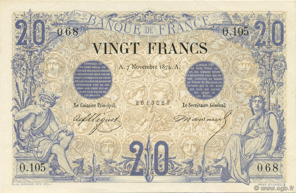 20 Francs NOIR FRANCE  1874 F.09.01 XF - AU