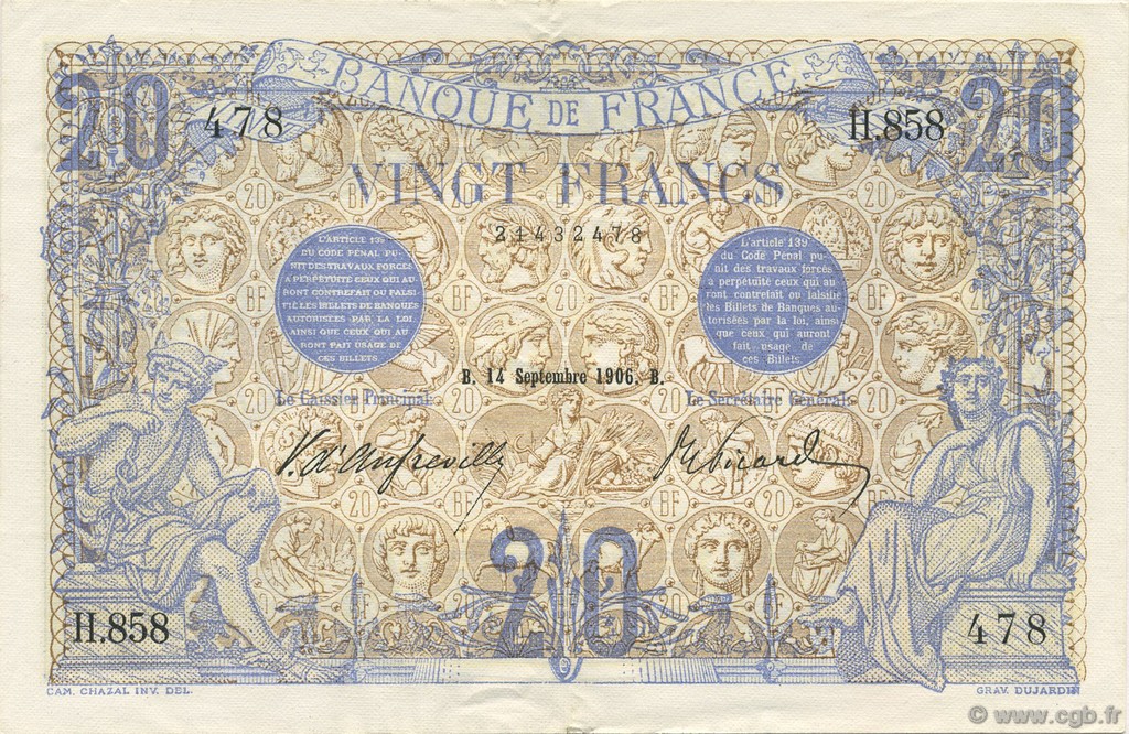 20 Francs BLEU FRANCE  1906 F.10.01 XF+