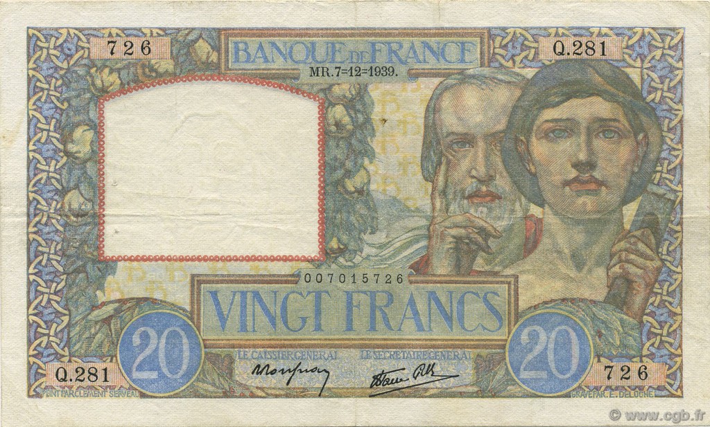 20 Francs TRAVAIL ET SCIENCE FRANKREICH  1939 F.12.01 SS