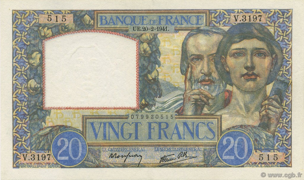 20 Francs TRAVAIL ET SCIENCE FRANCE  1941 F.12.12 SPL+