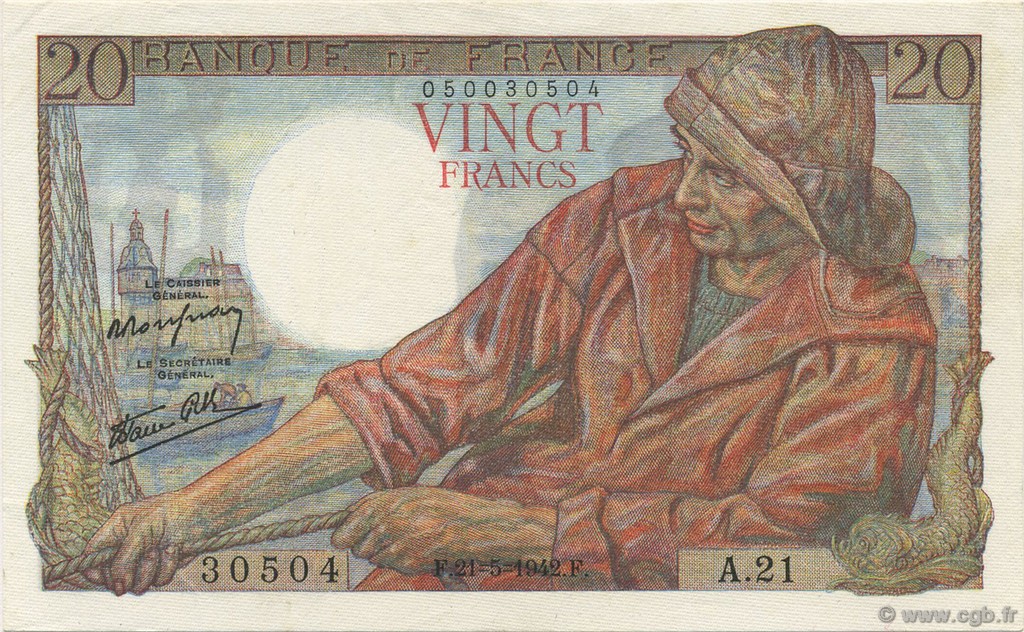 20 Francs PÊCHEUR FRANCE  1942 F.13.02 AU