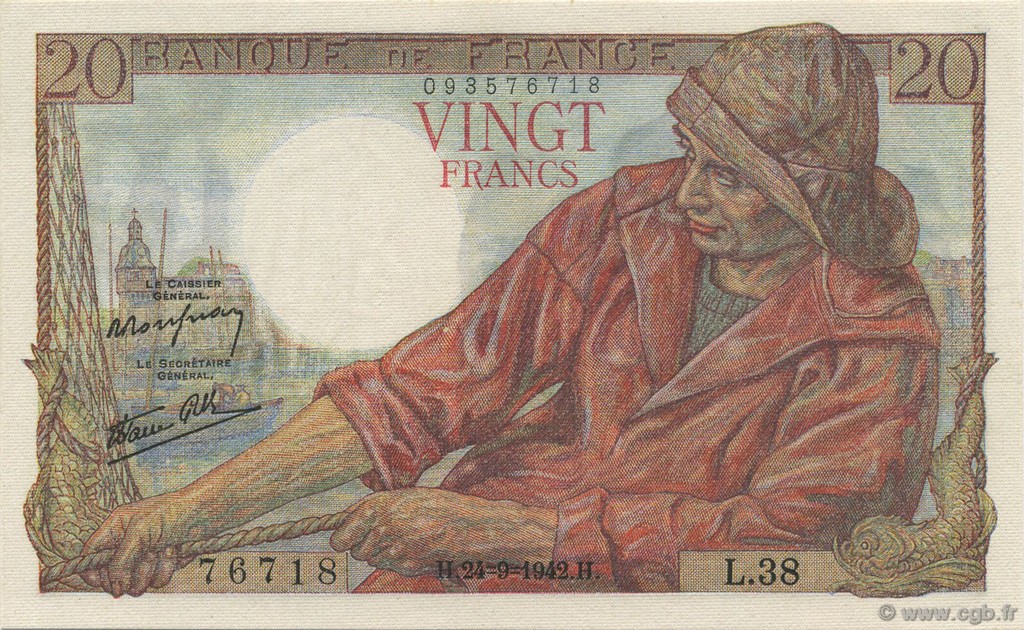 20 Francs PÊCHEUR FRANKREICH  1942 F.13.03 ST