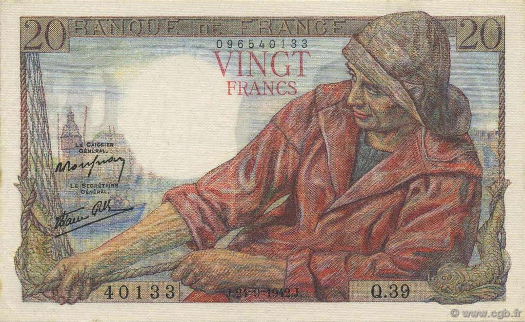 20 Francs PÊCHEUR FRANKREICH  1942 F.13.03 VZ+