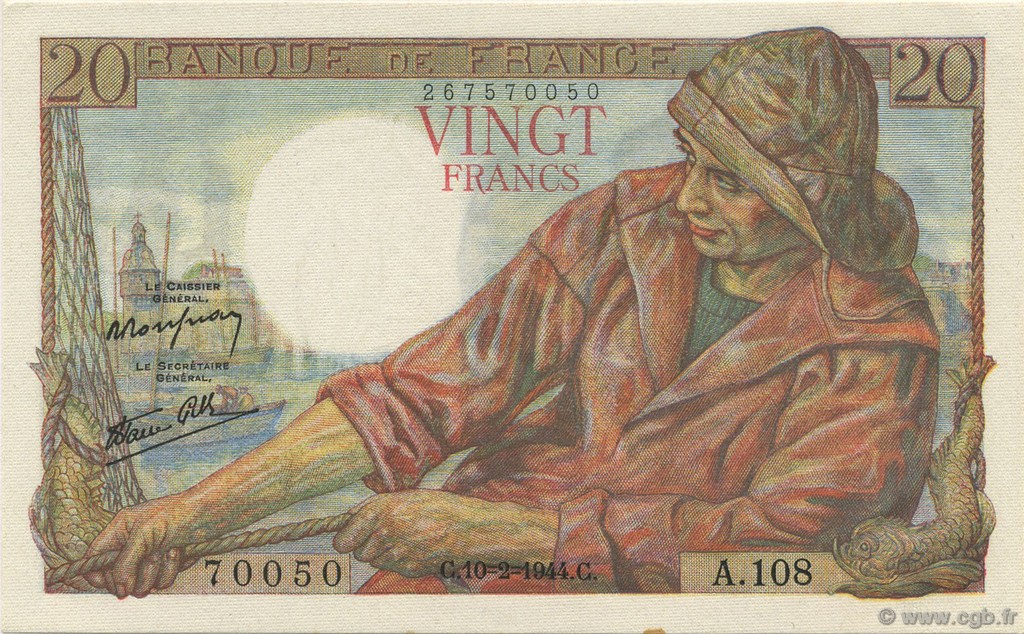 20 Francs PÊCHEUR FRANCIA  1944 F.13.08 q.FDC