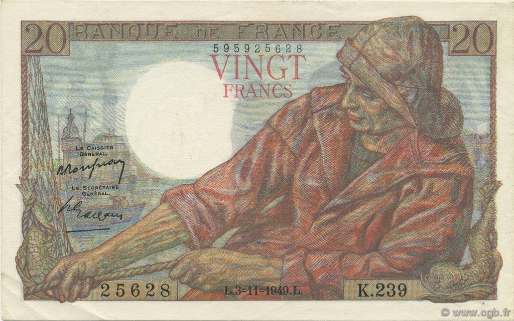 20 Francs PÊCHEUR FRANKREICH  1949 F.13.16 fST+