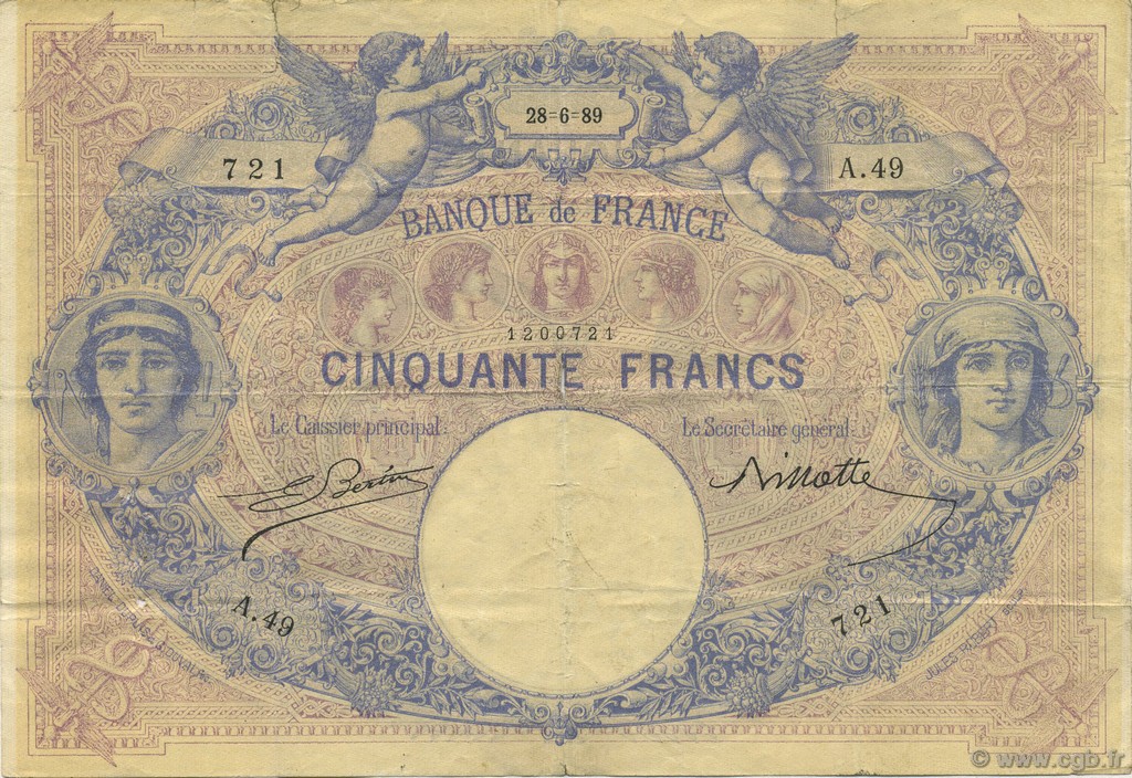 50 Francs BLEU ET ROSE FRANKREICH  1889 F.14.01 fSS