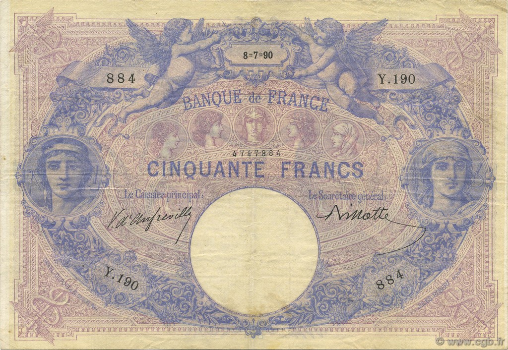 50 Francs BLEU ET ROSE FRANCE  1890 F.14.02 VF