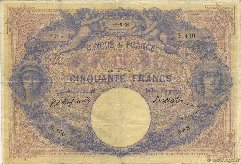 50 Francs BLEU ET ROSE FRANCE  1891 F.14.03 VF-