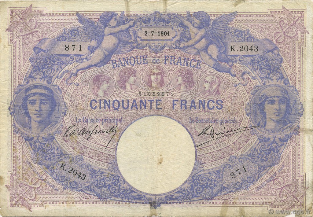 50 Francs BLEU ET ROSE FRANCE  1901 F.14.13 VG