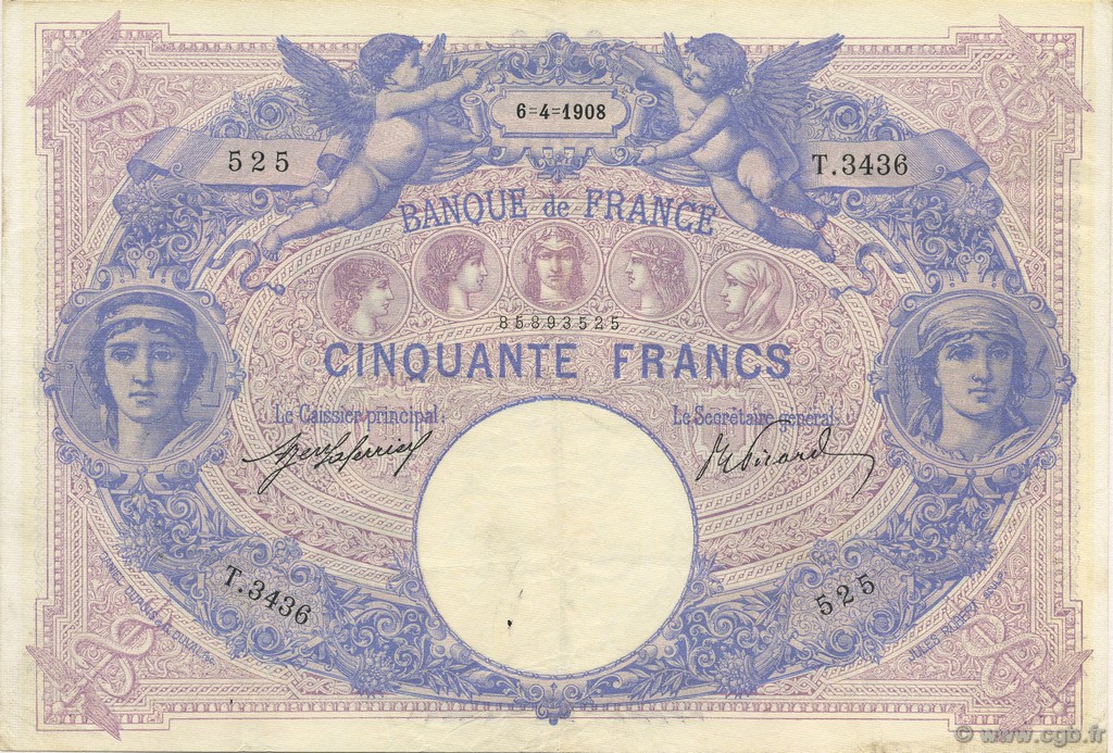 50 Francs BLEU ET ROSE FRANCE  1908 F.14.21 VF