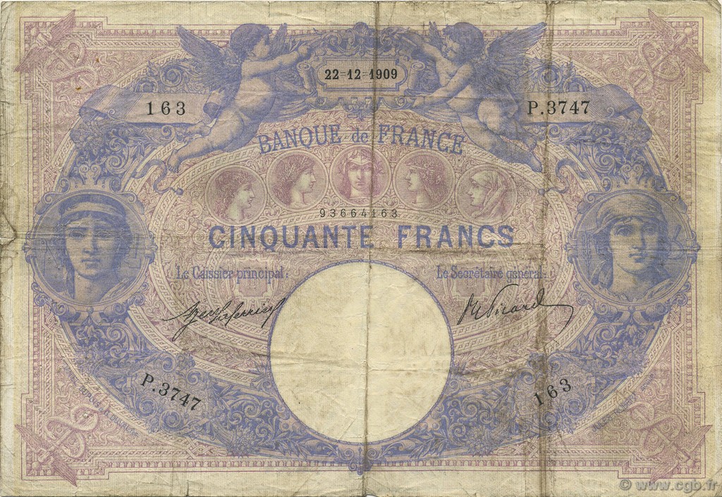 50 Francs BLEU ET ROSE FRANCIA  1909 F.14.22 q.MB