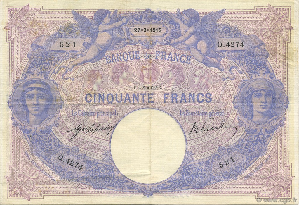 50 Francs BLEU ET ROSE FRANCIA  1912 F.14.25 BB to SPL