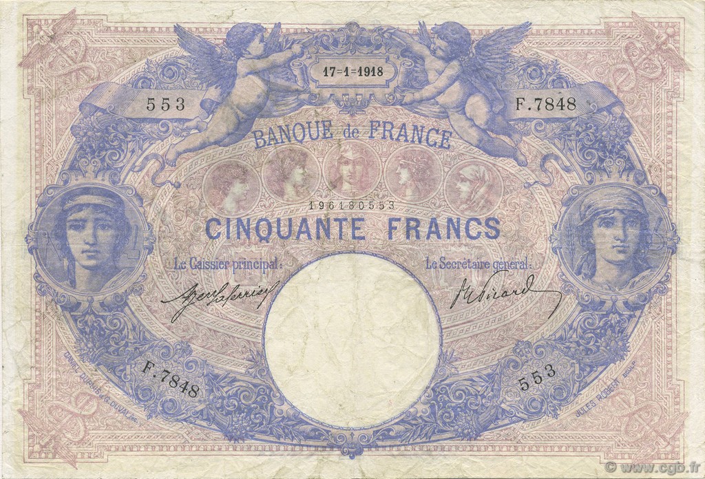 50 Francs BLEU ET ROSE FRANCIA  1918 F.14.31 BC+