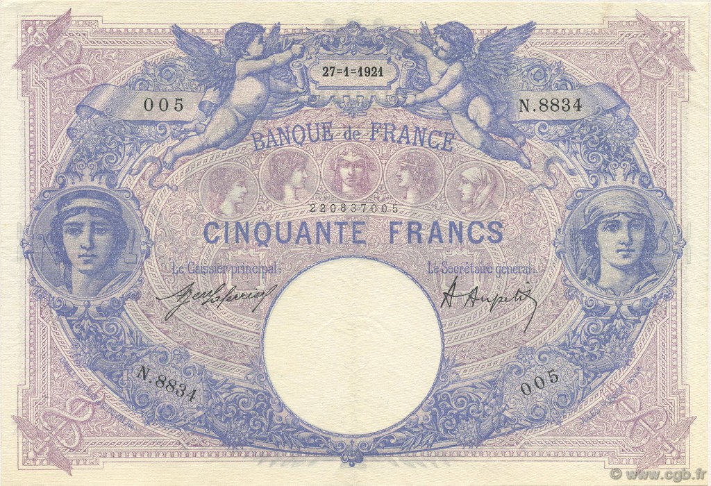 50 Francs BLEU ET ROSE FRANCIA  1921 F.14.34 SPL a AU