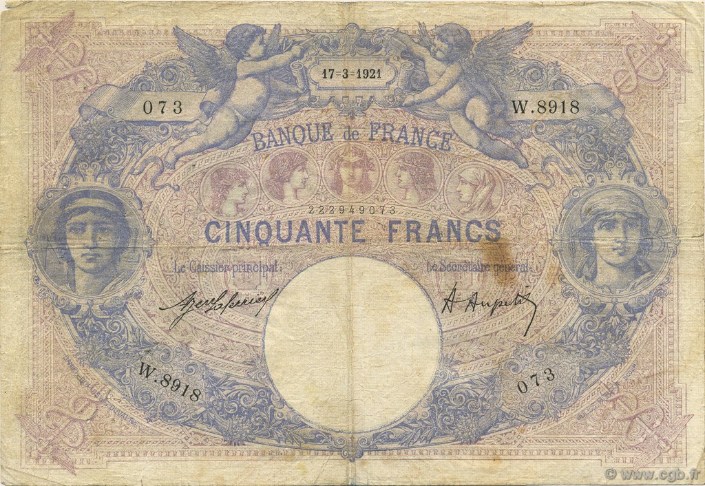 50 Francs BLEU ET ROSE FRANCIA  1921 F.14.34 B a MB