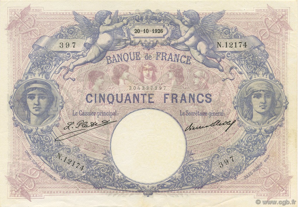 50 Francs BLEU ET ROSE FRANCE  1926 F.14.39 XF+