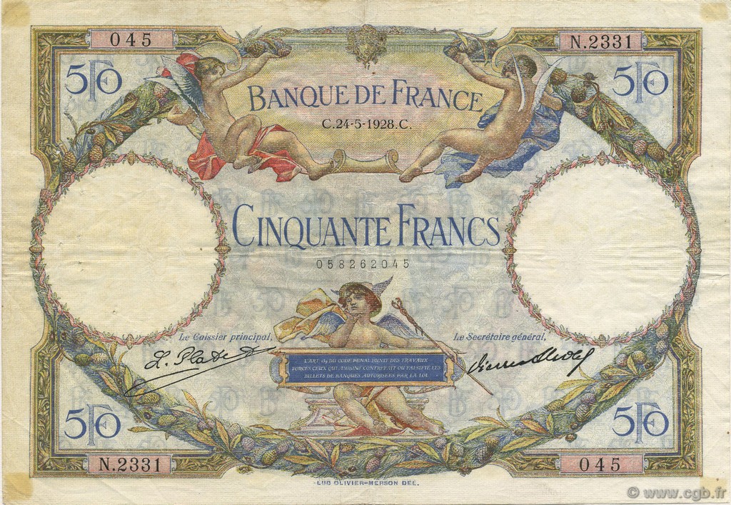 50 Francs LUC OLIVIER MERSON FRANCE  1928 F.15.02 F - VF
