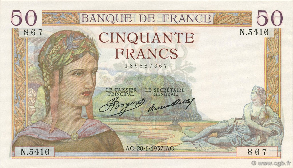 50 Francs CÉRÈS FRANCIA  1937 F.17.33 q.AU