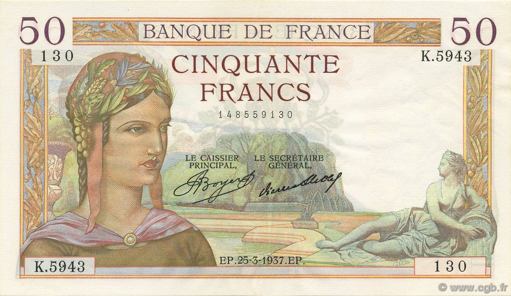 50 Francs CÉRÈS FRANCE  1937 F.17.36 AU+